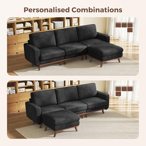 Image of Vesgantti 97 inch Modular Sectional Sofa Black, L-Shaped Couch with Movable Ottoman, Comfy Corduroy Couch with Spring Cushion, Modular Sofa with Deep Seat for Living Room, Bedroom and Apartment