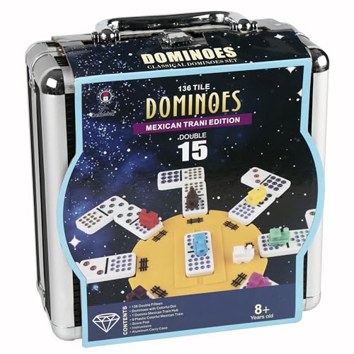 Doublefan Mexikanisches Zug-Domino-Set Doppel 15 - Nabe und Steinhalter aus Holz - Doppel 15 mit Punkten Coloured Dots 136 Domino Pieces (2-10 Players)