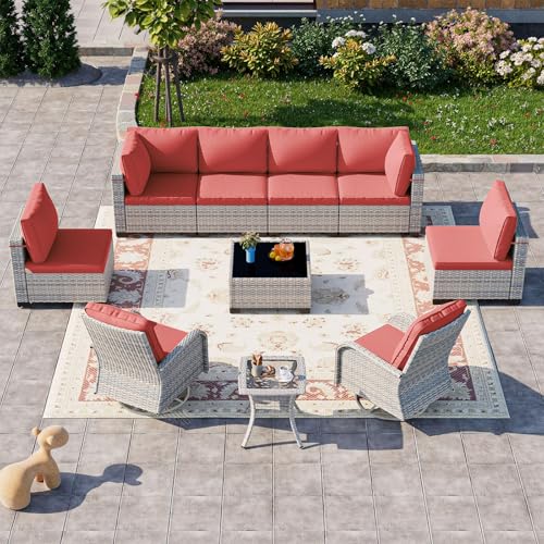 Image of Outdoor PE Wicker Rattan Modular Patio Sectional Sofa Set | 10-Piece: 6 Modular Seats, Coffee Table, 2 Swivel Rocking Chairs & Side Table, Red