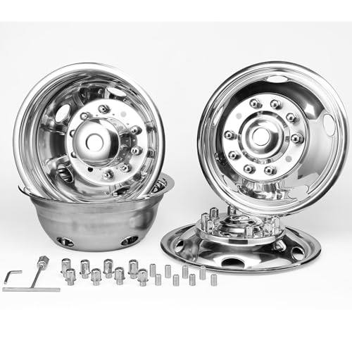 Image of 19.5 inch Dually Steel Wheel Simulators fit for 2005-2022 F450 /F550 Super Duty 2WD /4WD Truck, 4pcs Polished Stainless Steel Wheel Covers 10 Lug Bolt on HubCaps 19F10