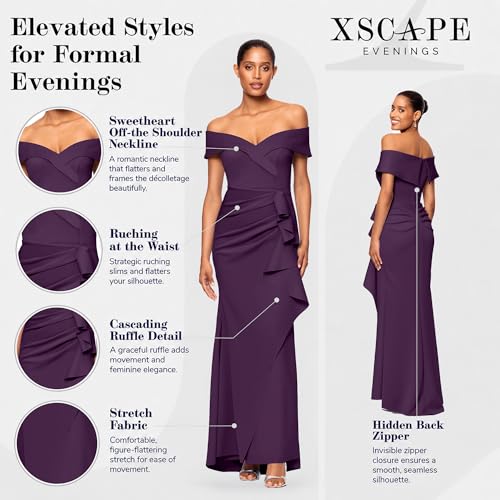 Image of Xscape Women's Long Off-the-Shoulder Sweetheart Neckline Formal Evening Gown with Ruching and Draped Ruffle Detail