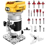 Cordless Router Compatible with Dewalt 20V Battery, 1300W Brushless Wood Trimmer with 6 Speed, Straight Guide, Guide Wheel, 15 Milling Bits and 2 Spanners, Palm Router for Woodworking (No Battery)