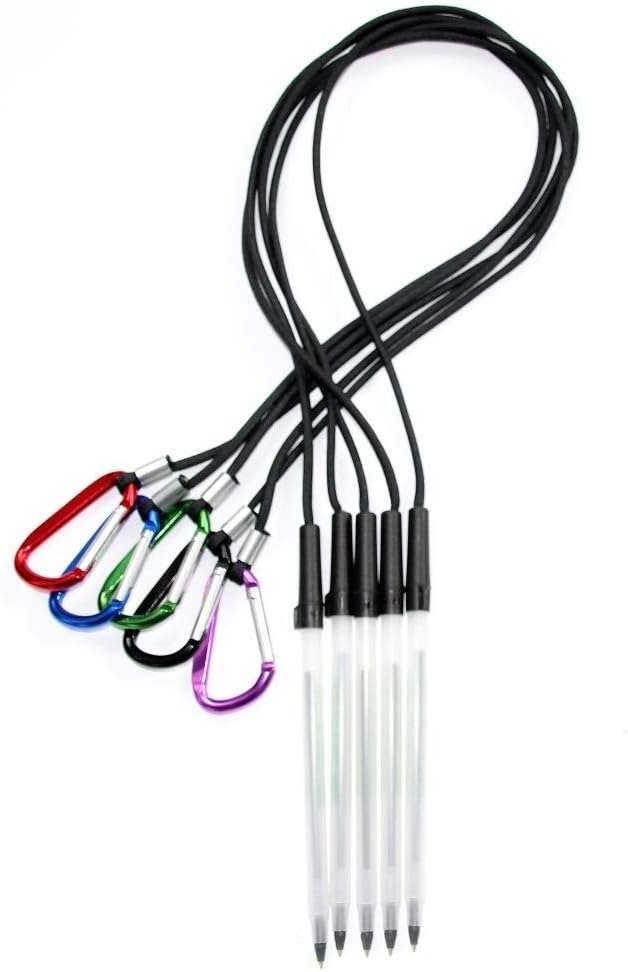 Five Pack - 24 INCH Pen Leash - Carabiner ATTACHES to CLIPBOARD OR Notebook. (CLIPBOARD and Notebook NOT Included) - Five (5) Pack