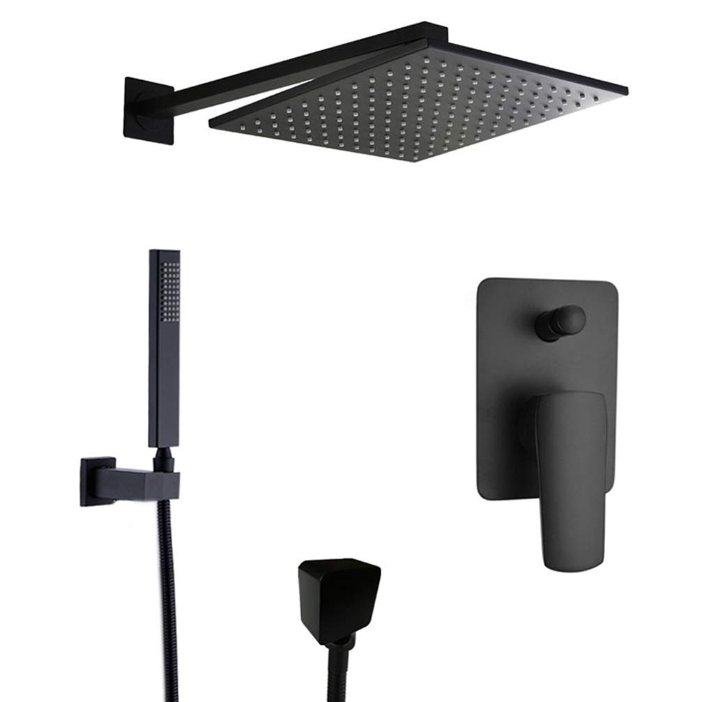 OZBMA Shower Set System, Wall Mounted Brass Black Bathroom with 8-12" Square Rainfall Head and Diverter Mixer Handheld Spray Set, Set,10 inch (size_name 8 Inch)