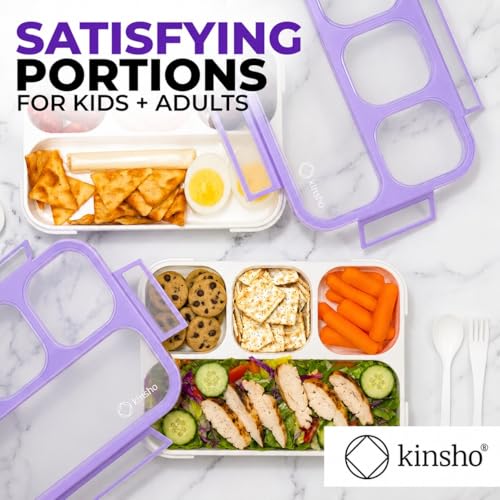 Image of kinsho Bento Lunch Box for Kids Women Adults Girls School Work | Snack Containers for Toddlers Tweens | 4 Divided Sections for Portion Control includes Utensils BPA Free | Purple