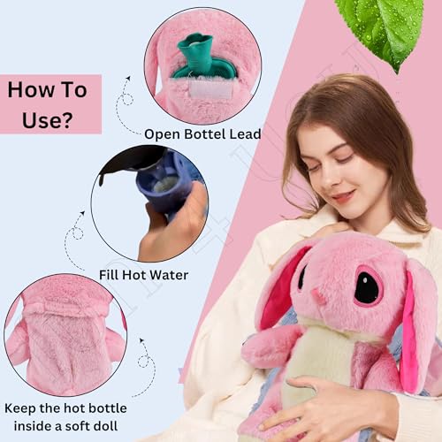 Image of Fun4you Cute Bunny Hot Water Bottle 30cm (Pink) | Period Cramps Relief Soft Stuffed Plush Teddy Bear Cover | Reusable Warm Bag for Back, Neck & Abdominal Comfort