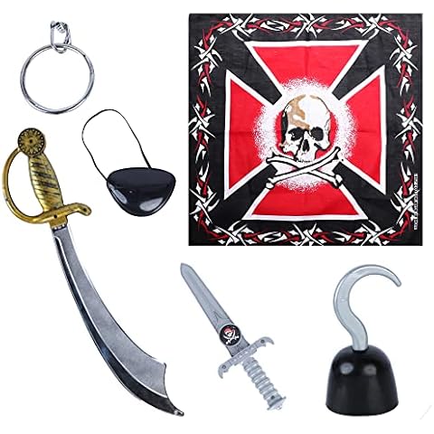 SandT Collection Pirate Accessories Costume Kit Red Skull Bandana, Eye Patch, hook hand, earring, Sword and Dagger Cover