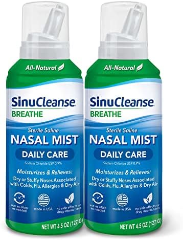 SinuCleanse Daily Care Sterile Saline Nasal Mist, Instantly Moisturizes and Relieves Everyday Nasal Congestion & Sinus Symptoms Associated with Colds, Allergies and Dry Air, 4.5 oz Bottle (Pack of 2)