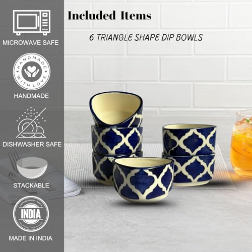 Image of Ceramic Handcrafted Bliss Dip Bowl |Blue & White |Set of 6 | Stoneware Snack, Dessert & Dip Bowls for Kitchen & Dining (50 ml Each)