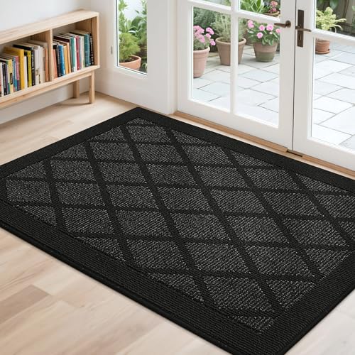 COSY HOMEER Non-Slip Door Mat 32"x48", Entryway Rugs Low Profile Absorbent Dirt Trapper Doormat for Front Entrance, Washable Polypropylene Entry Mat (Black) Black 4' x 2'8" (Rectangular)