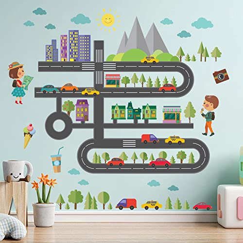Drwssr Car Road Wall Decals City Traffic Wall Sticker Road Transportation Wall Sticker Taxi Green Plant Store Street Life Scene Removable Decor For Kids Nursery Bedroom Living Room Playroom Classroom #TOP1