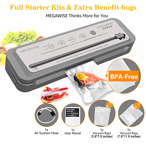 MEGAWISE Vacuum Sealer Machine, 2025 Model with 80kPa Suction Power, One-Touch Operation, Built-in Cutter, Compact Design, Vacuum Bags Included (Grey) (16.14 x 4.02inch) by MEGAWISE - Image 4