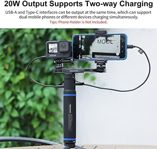 Newmowa Power Bank Handle Grip charging a GoPro and a smartphone simultaneously, demonstrating 20W output and two-way charging