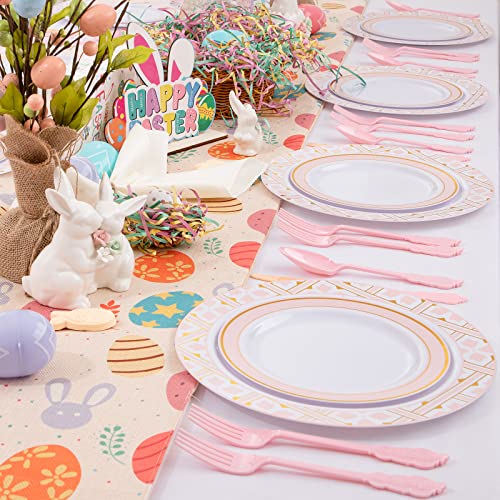 Morejoy 125Pcs Easter Plastic Plates, Pink And Gold Plates, Disposable Plates Includes: 25 Dinner Plates, 25 Salad Plates, 25 Knives, 25 Forks, 25Spoons, Perfect For Easter, Mother's Day #TOP6