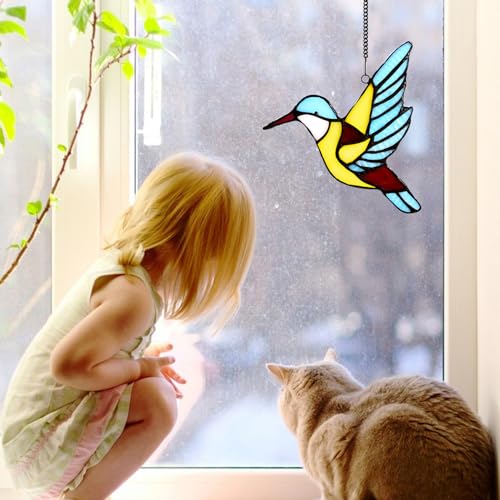 BOTOWI Panel de tapices de vidrieras de Tiffany con Cadena, pájaro Girasol de pez Estrella de Moravia libélula vidriera de Loto atrapasol de vidriera para decoración del hogar,Bird