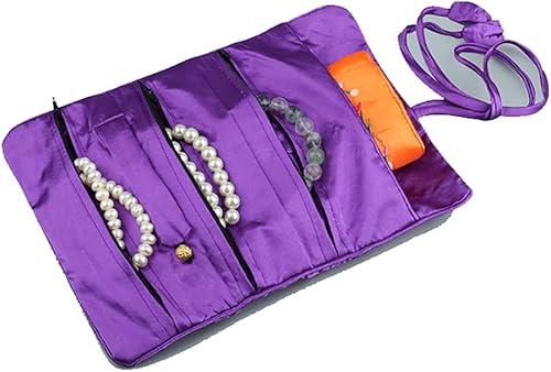 Miniatura 3 de Wei Long Jewelry Roll, bolsa de viaje para joyas, brocado bordado de seda con cierre de lazo (flor, verde)