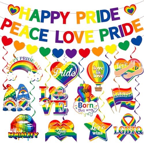 Image of Pride Decorations, Rainbow Lgbtq Decorations includes Happy Pride Banner and Rainbow Lesbian Gay Hanging Swirls for Pride Month Day Lgbtq Party