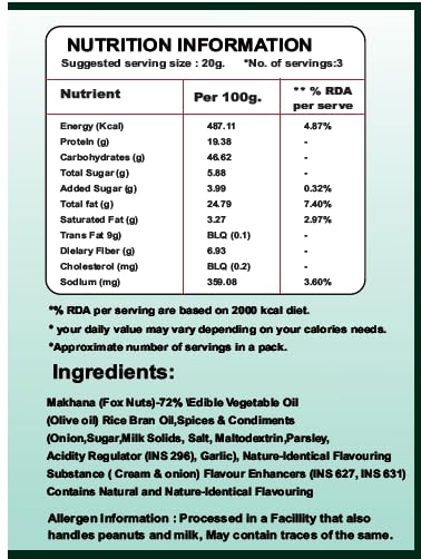 Image of Vanvi Bites Cream Onion Makhana | Roasted And Flavoured Makhana | Namkeen & Puffed Snacks | Healthy Snack | Cholesterol Free | Gluten Free | Rich in Protein & Fiber | Roasted in Olive Oil - 70G