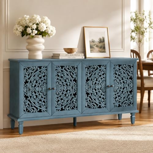 Image of Blue Sideboard Cabinet with Carved Doors, Blue Buffet Cabinet, Vintage Cabinet with Storage Shelves, Farmhouse Storage Cabinet for Dining Room, Living Room & Entryway