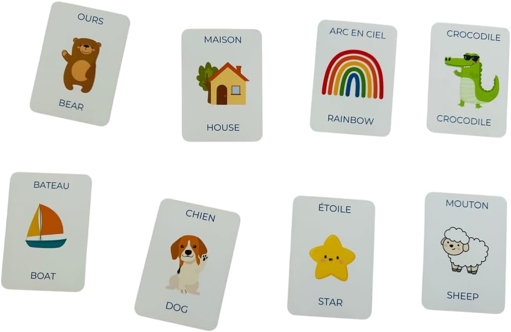 Bilingual French English Flash Cards, Educational Learning Cards, Animals Colors Objects Theme, Early Learning Vocabulary
