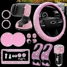 Bling Car Accessories Set for Women MAIMEIMI Rhinestone Decorations Interior with Steering Wheel Covers, License Plate Frame, Car Holder & Charger,14pcs Cute Girly Decor Set for Auto Pink