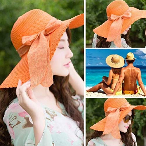 Yingwu Sun Hat For Women, Women's Wide Brim Hat Summer Beach Uv Sun Protection Packable Bucket Hat Colorful Straw Bow Hat Floppy Cap Orange One Size #TOP2