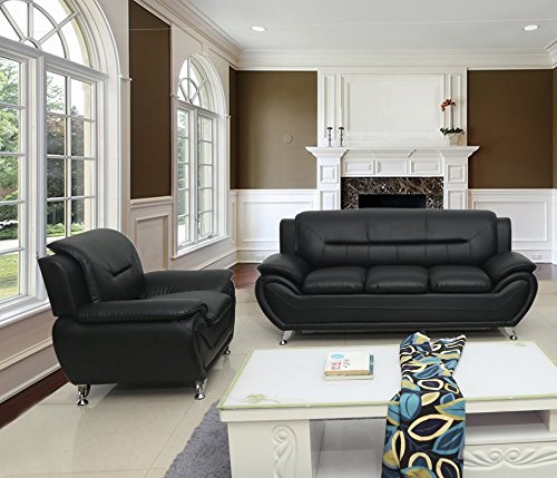 Container Furniture Direct Michael Modern Faux Leather Upholstered Stainless Steel Legs Living Room, Sofa, Midnight #TOP2