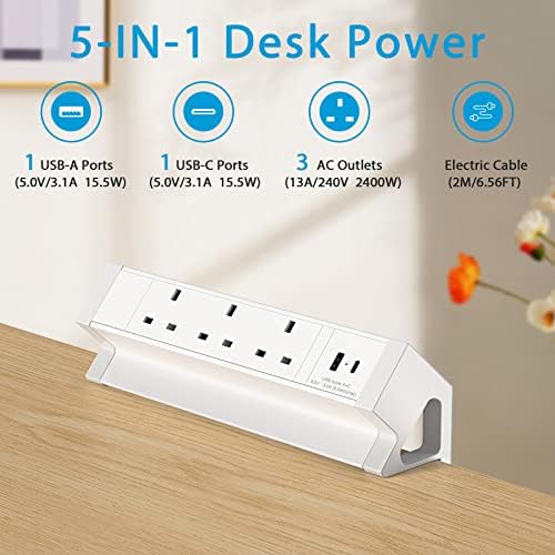 Desk Power Socket with USB C, Desk power with 3 UK Plug USB A and USB C (15.5W), Aluminum Alloy desk power strip Connect 6.56FT Power Cord, Desk extension lead for home office school.