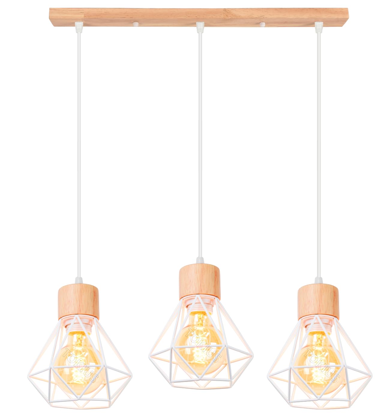 3 Lampade a Sospensione Apparecchio di Illuminazione Industriale E27 Plafoniera Vintage Lampadario Paralume in Metallo e Legno Ø160mm Retrò Per Soggiorno Cucina Camera da Letto (barra 50cm di