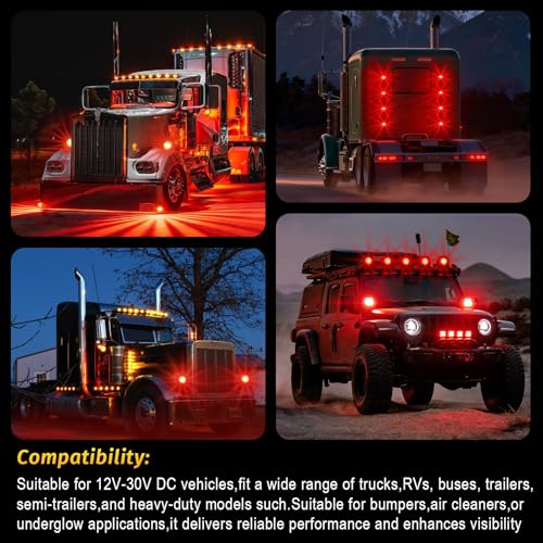Image of 6PCS Watermelon Lights Red Strobe & Constant Multi-Function LED Side Marker Turn Signal Tail Roof Lights with Stainless Steel Bezel for Trailer Semi-trailer Heavy-duty Truck