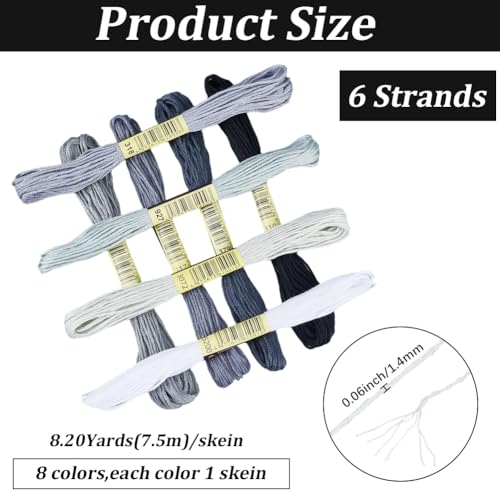 Image of 1 Box 65.6 Yards 8 Skeins 6 Strands Gray Embroidery Cotton Floss Cross Stitch Thread Assorted Friendship Bracelet Variegated Yarn Gradient String Bulk for Hand Sewing Making Crochet Weaving