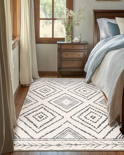 DEFYNEE Teppich Wohnzimmer 150x210 cm Wohnzimmerteppich, Waschbarer Teppich, Kurzflor (Florhöhe ca. 5,88 mm), rutschfest, Vintage & Boho Rug für Kinderzimmer, Schlafzimmer, Büro, Schwarz-Weiß