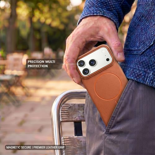 Image of amazon basics Luxury MagSafe Compatible Leather Texture Back Cover for iPhone 17 Pro Max | Raised Camera Protection | Slim Fit Shockproof Case with Metallic Accents (Orange)