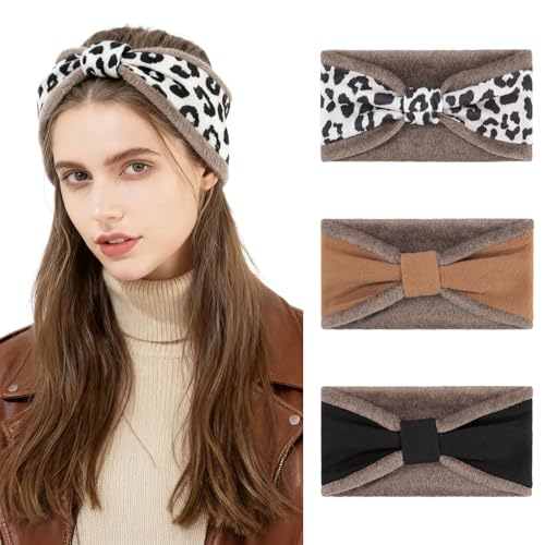 WELROG 3PCS Winter Headbands for Women - Fleece Lined with Bow Design Warm Ear Warmer for Cold Weather