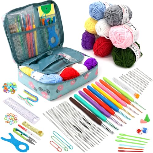 Rruize かぎ針編みキット 初心者向け 100点 毛糸8玉8色付き かぎ針セット 0.6〜6.0mm 収納バッグ付き 編み物 キット 基本道具一式 小物作り・モチーフ編みに 手芸 帽子 あみぐるみ (青)