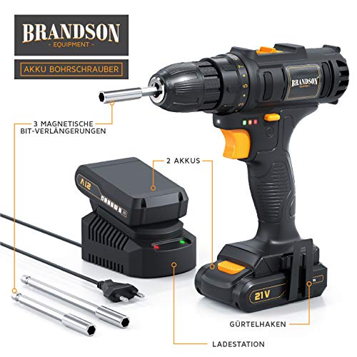 Brandson - 21 V Akkuschrauber - Akku Bohrschrauber - 21 V Lithium-Ionen Akku, 2 Geschwindigkeitsstufen, 32 Nm Drehmoment… – Bild 5