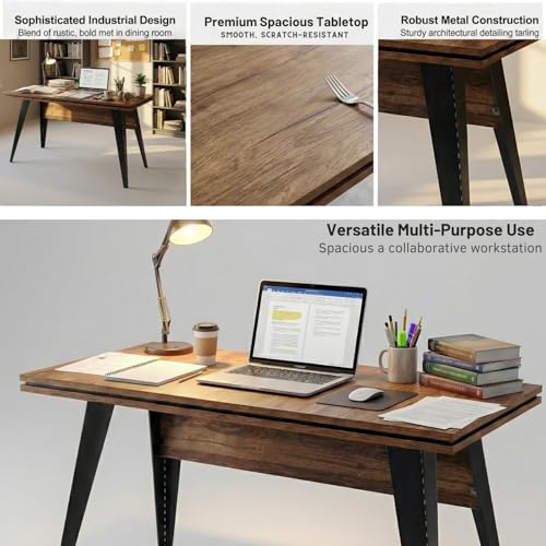 Image of FFO Office Table for Home | Wooden Study Table for Home Office | 1-Year Warranty | Large Computer Desk with Metal Legs | Modern Workstation for Students & Professionals - Rustic Brown DIY.