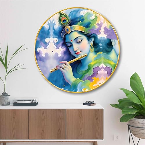 Image of SAF Lord Krishna Wall Painting - Divine Flute Art in Round Golden Frame | Spiritual Wall Decor for Living Room, Bedroom, Pooja Room & Office | Hindu Religious Home Decoration (23 X 23 Inch) GR-289