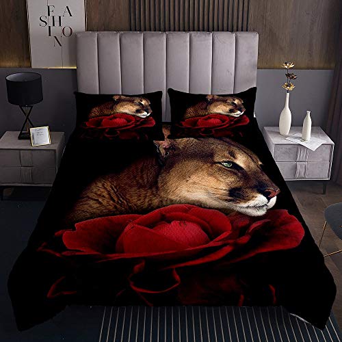 Erosebridal Lion Bedspread African Safari Animals Bedding Set Lion Red Rose Coverlet Set for Kids Adults Bedroom Decor Floral Wildlife Natural Quilt with 1 Pillow Case Twin Size