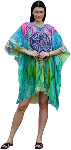 DRESSPRINTED Crepe V-Neck Digital Print Kaftan for Women – Free Size (S-4XL) – Versatile Beach &amp; Party Dress Multicolour