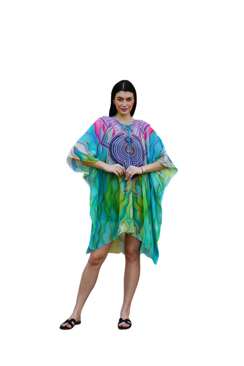 DRESSPRINTED Crepe V-Neck Digital Print Kaftan for Women – Free Size (S-4XL) – Versatile Beach & Party Dress Multicolour