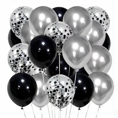 LAOREI Black and Silver Balloons, 50pcs 12inch Metallic Chrome Silver Latex Balloons with Silver and Black Confetti Balloons for Birthday Wedding New Year Graduation Party Decorations