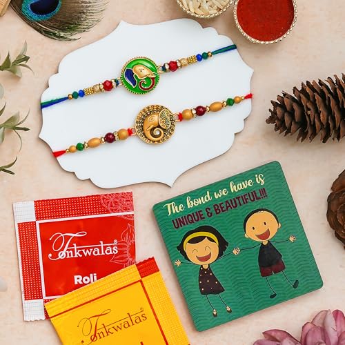 Image of Rakhi for Brother Combo of 2 Rakhi for Men with Fridge Magnet, Roli Chawal Best Wishes Greeting Card