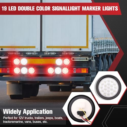 Image of 2PCS 4 Inch 19LED Red+White Round Led Trailer Tail Lights,Brake Stop Turn Signal Light w /Grommets,12V,IP67 Waterproof,3-Prong Wire Pigtails