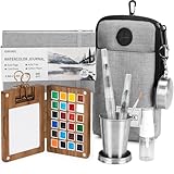 Mini Watercolor Paint Set, 24 Colors Mini Watercolor Travel Set, Pocket Travel Paint Kit with Watercolor Palette, Crossbody Bag, Watercolor Journal, Metal Clip, Water Cup, Spray Bottle, Water Brushes