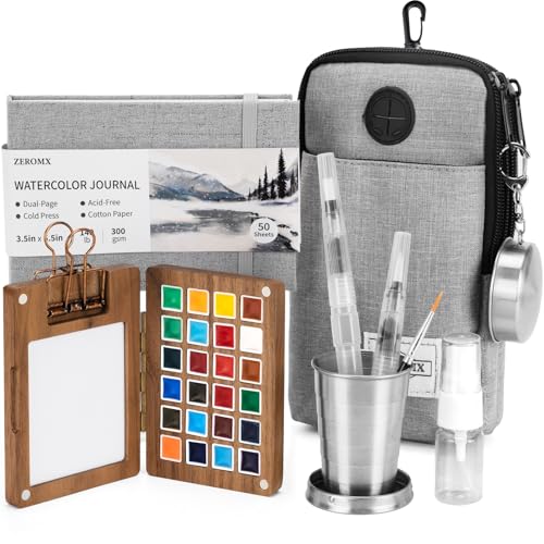 Mini Watercolor Paint Set 24 Colors Mini Watercolor Travel Set Pocket Travel Paint Kit with Watercolor Palette Crossbody Bag Watercolor Journal Metal Clip Water Cup Spray Bottle Water Brushes