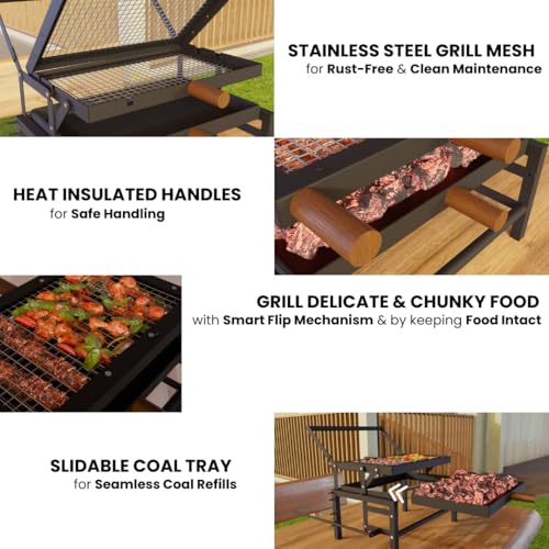 Image of COGO FLIP Large BBQ | Tongs & Oil Brush | Flipping Mechanism | Adjustable 4 Heat Levels | 17 x 22 x 19 inch | Lightweight & Strong Metal Frame | Home Charcoal Grill | Outdoor Barbeque | Colour: Black