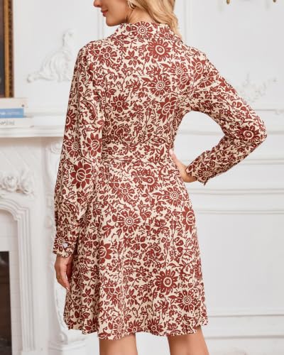 Image of Women's Printed Button Down Shirt Dress Long Sleeve Belted Mini Dress