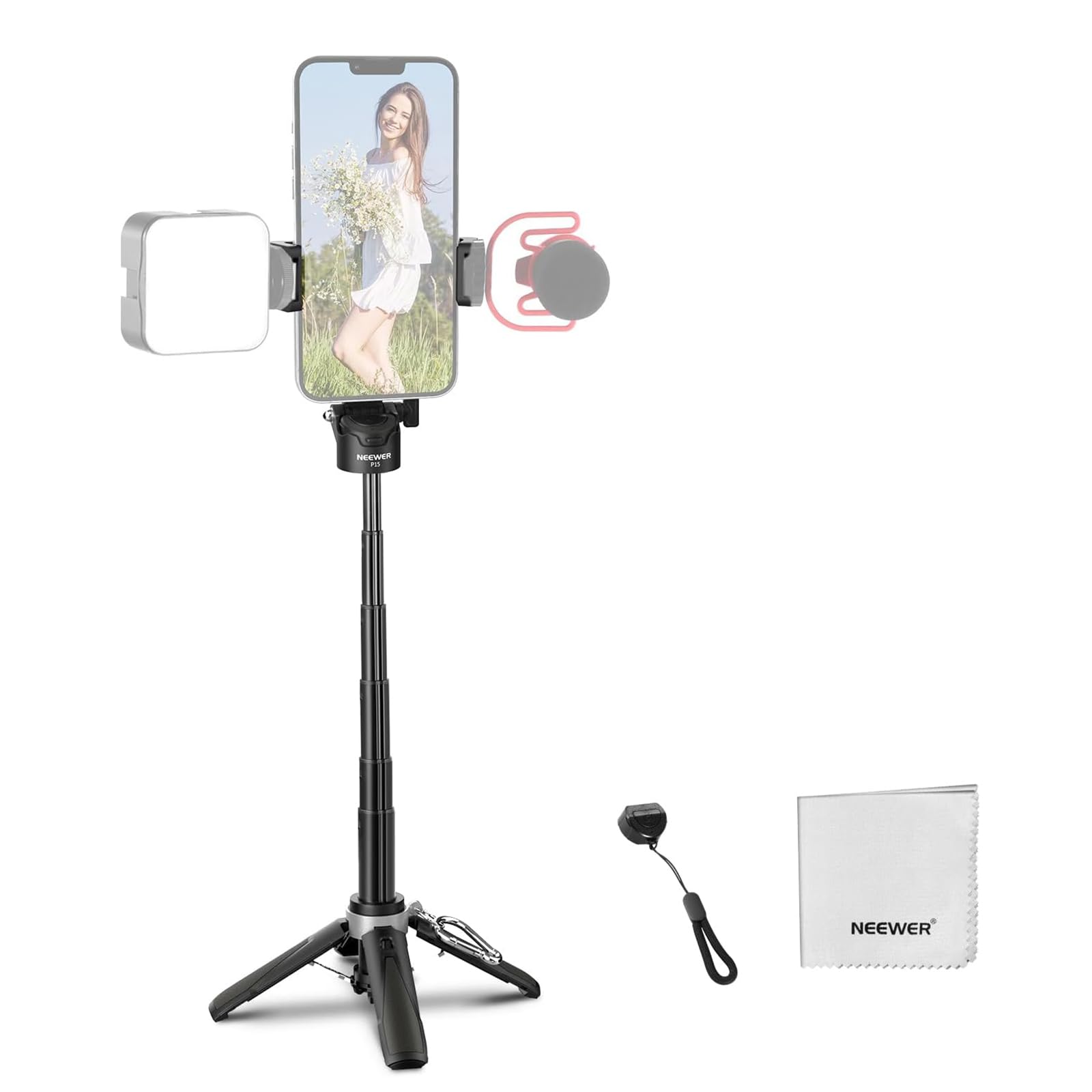 NEEWER Treppiede Selfie Stick per iPhone, Mini Cavalletto da Tavolo da Viaggio 360° Leggero Pieghevole con Portatelefono Cold Shoe per Video Vlog Streaming, Otturatore Remoto e Panno Pulizia, P15 Nero