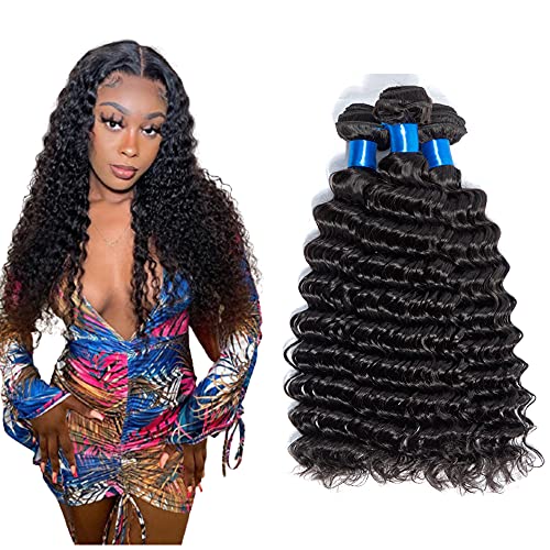 Deep Wave 3 Bundles Human Hair Bundles 10" 12" 14" 100g/Bundle 100% Unprocessed Human Virgin Hair Weave Deep Curly Bundles 3 Pcs #1B Natural Black Color Tight And Neat(101214，Deep Wave 3 Bundles)